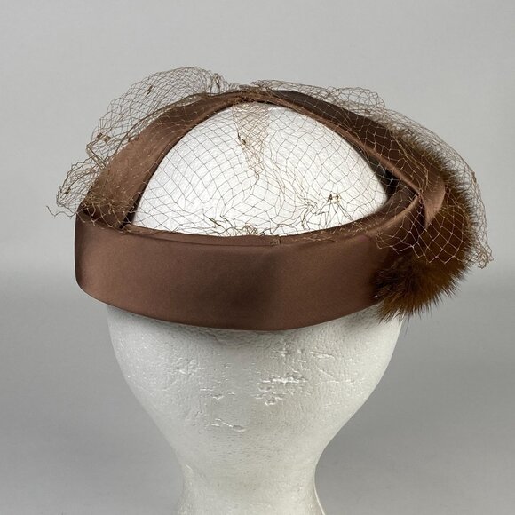 Vintage Roberta Bernays Brown Fur Satin Fascinator Hat Birdcage Veil Made USA main image 6